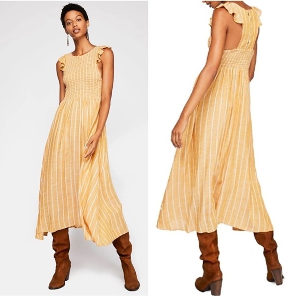 Free People Chambray Butterflies Boho midi dress Sz XS smocked bodice - Picture 1 of 13